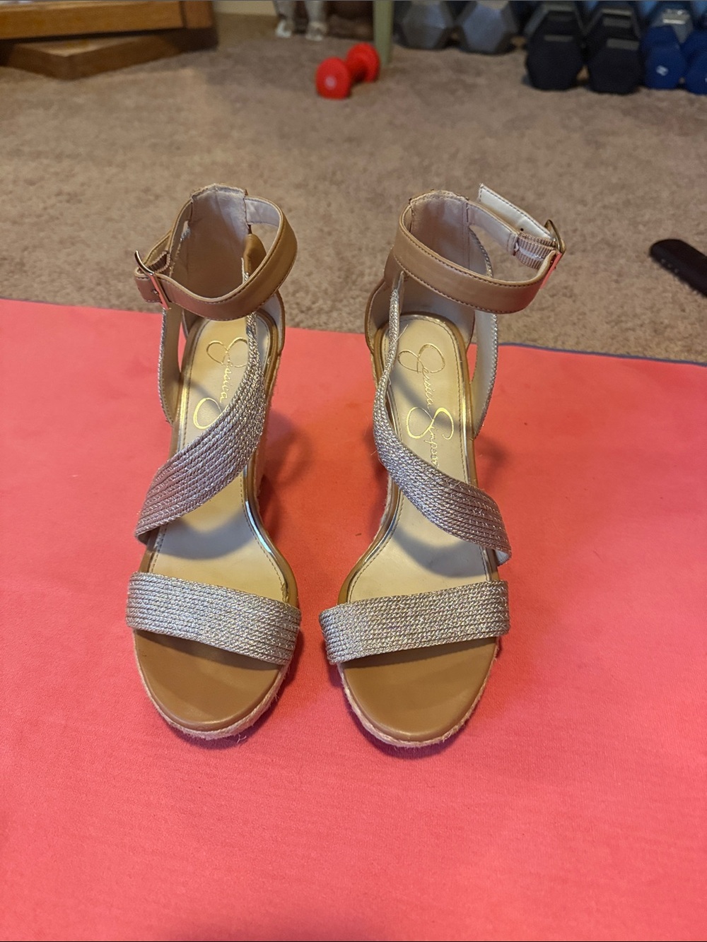 Jessica Simpson Tan and Metallic Wedge Sandals with Ankle Strap